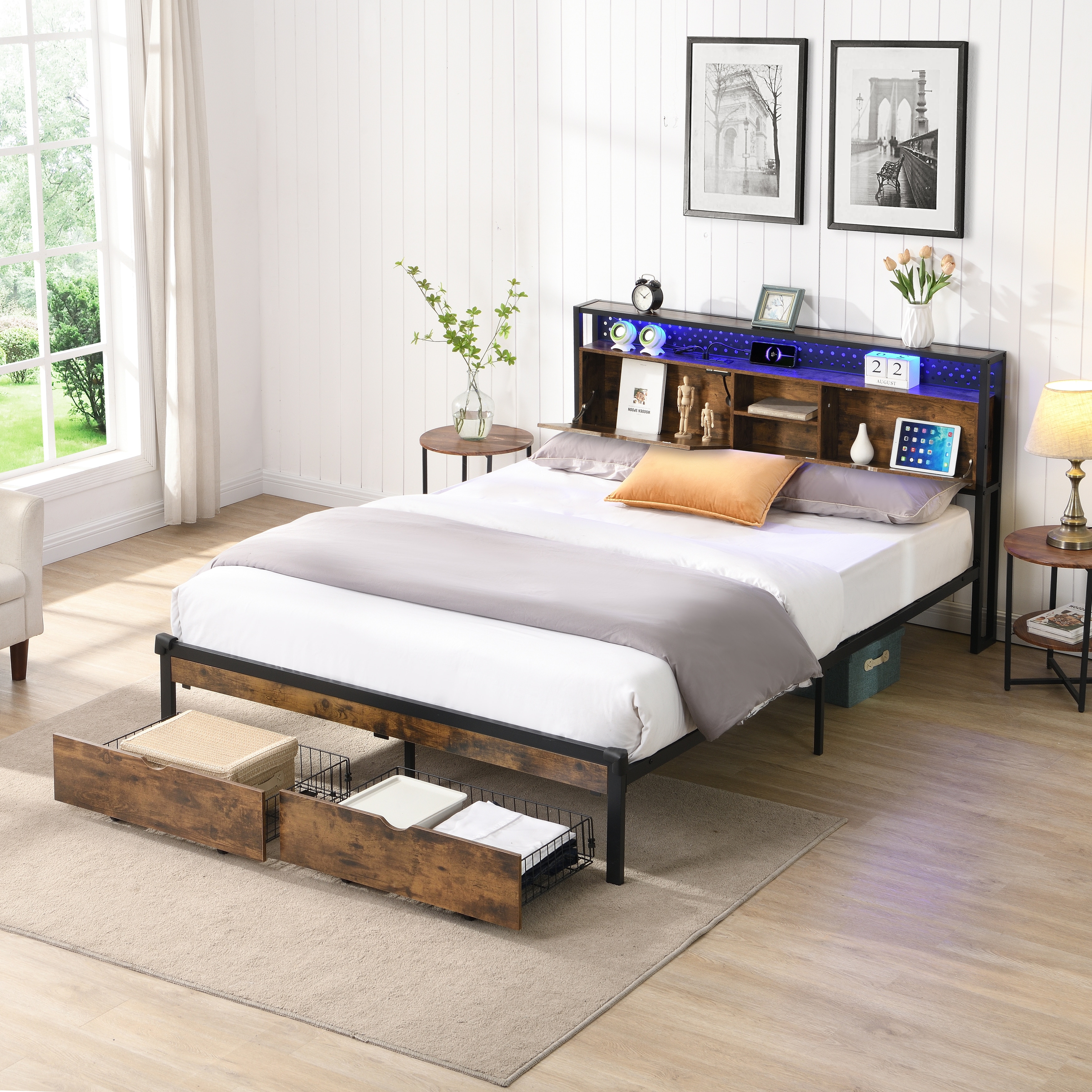 Queen Size Modern Metal Platform Bed with Wooden Headboard,2 Drawers and LED Lights