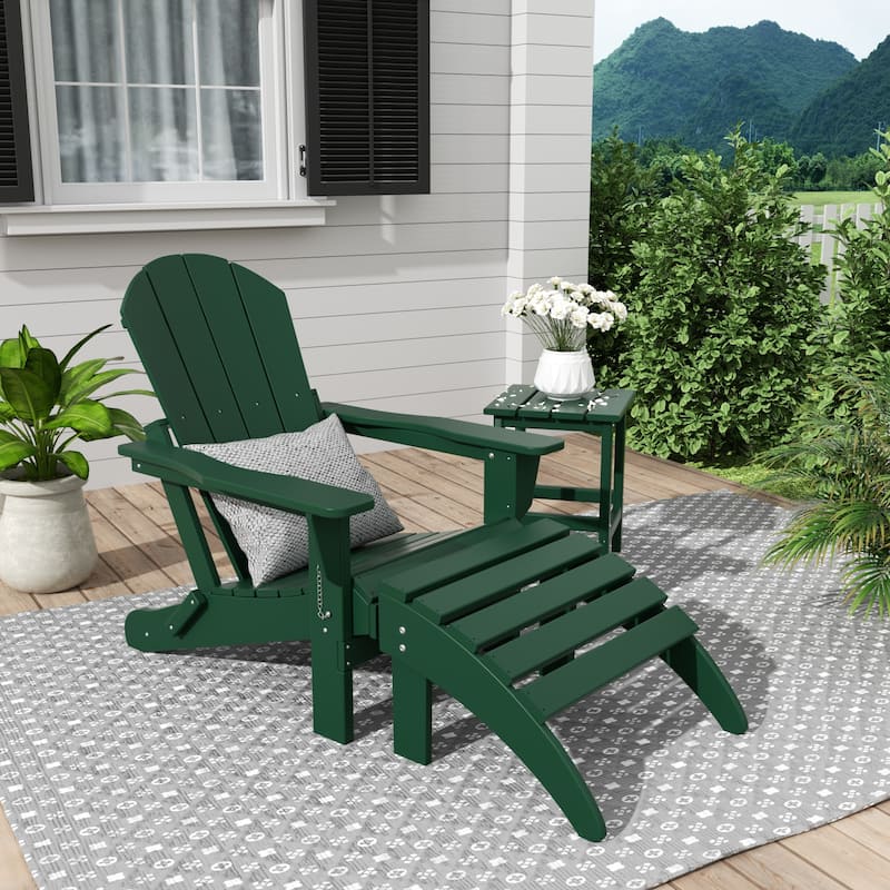 Polytrends Laguna Hdpe All Weather Outdoor Patio Foldable Adirondack Chair With Ottoman And Side Table (3-Piece Set) - Dark Green