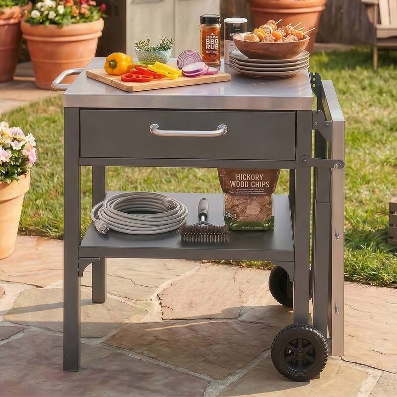 Portable Foldable Outdoor Kitchen Prep Station, BBQ Grill Cart with Expandable Top and Storage for Patio