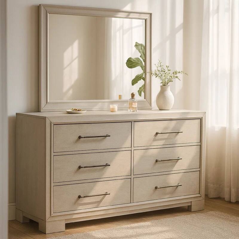Simone Wide Dresser, 6 Drawer and Block Feet, Antique White Wood