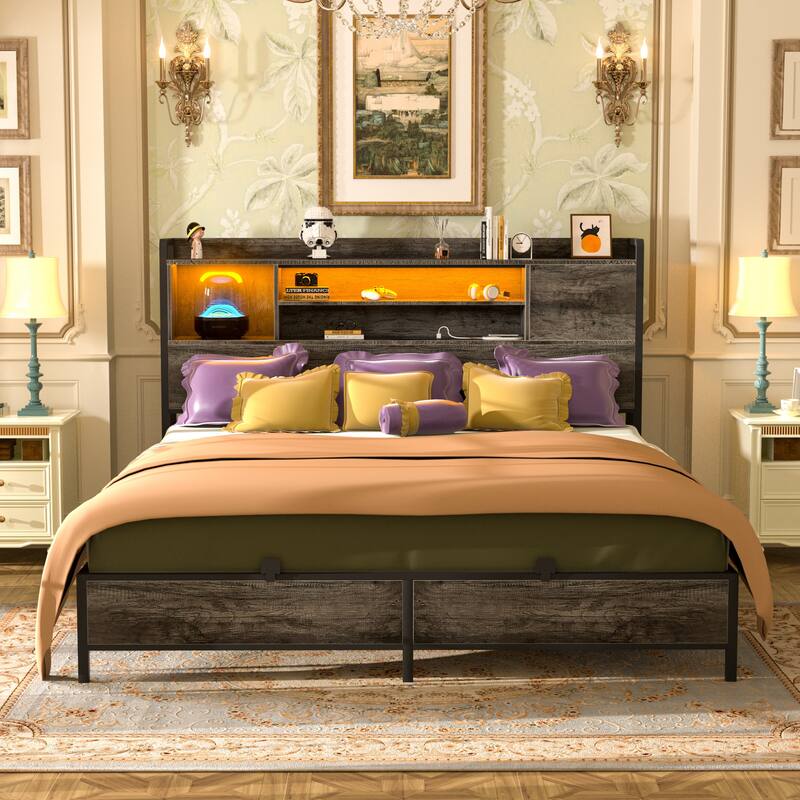 Platform Bed Frame with Reversible Storage Bookcase Headboard and Charging Station and RGB LED Lights - Grey Oak - Queen