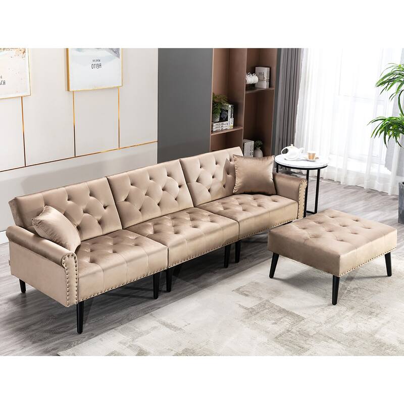 Convertible Velvet Sofa Couch, Sectional Sofa with Ottoman, Mid-Century Futon Sofa Bed - 32"D x 100.7"W x 29.9"H - Brown
