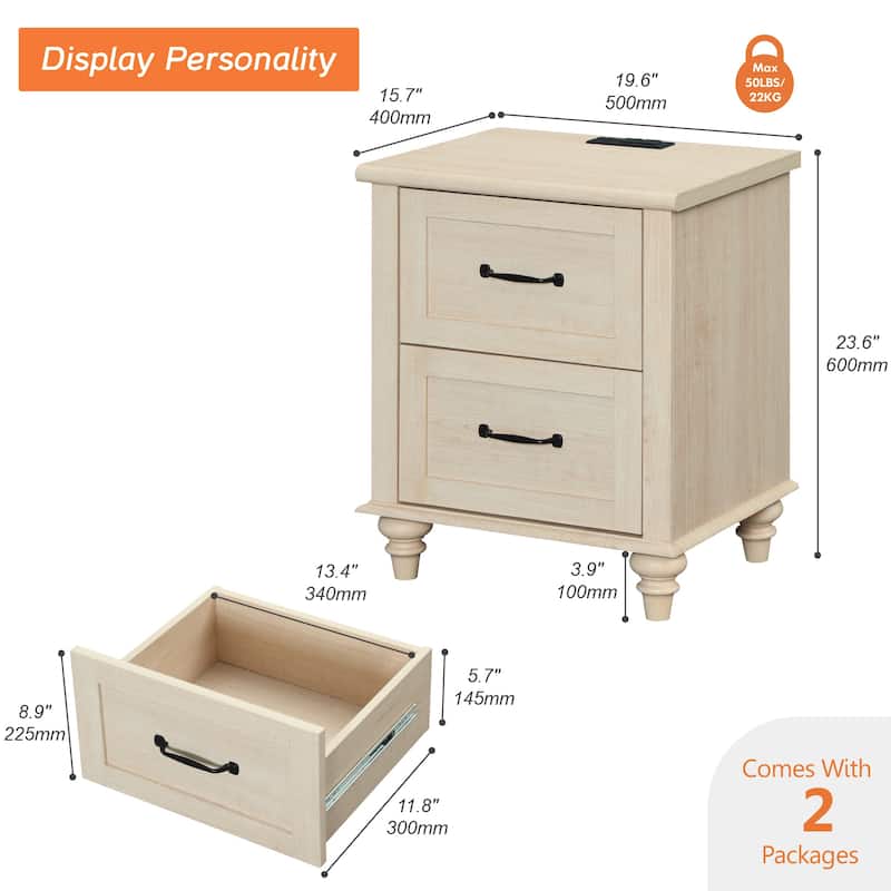Nightstand with Charging Station, 2-Drawer End Table for Bedroom