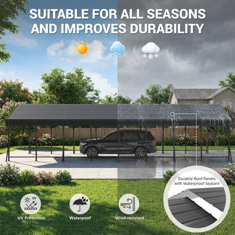 Erommy Outdoor Carport with Galvanized Steel Roof, Heavy-Duty All-Weather Shelter for Cars, Boats and Equipment