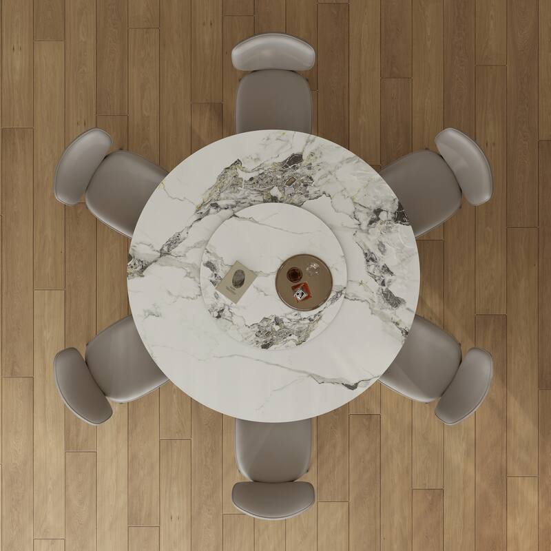 59" Round Sintered Stone Table Set – Black Titanium Base & 6 Gray Chairs, Scratch/Heat-Resistant‌.