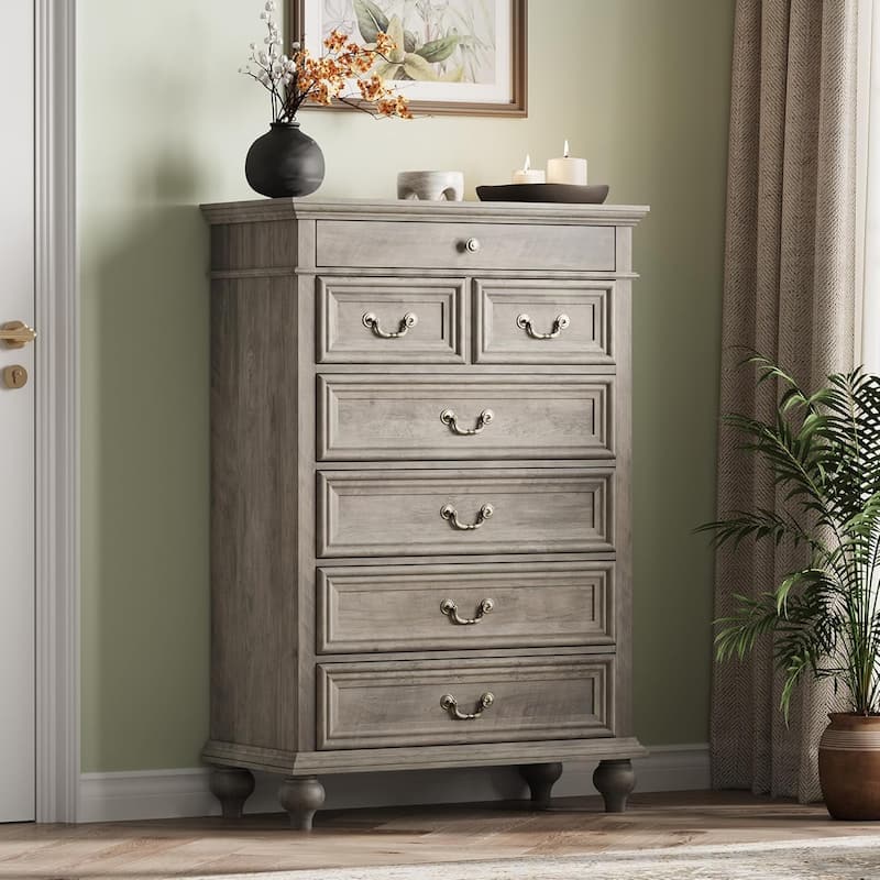 7/9 Drawer Dresser with Jewelry Storage, Rustic Wood Chest with Metal Handles, Vintage Storage Organizer - 7-drawer - Grey