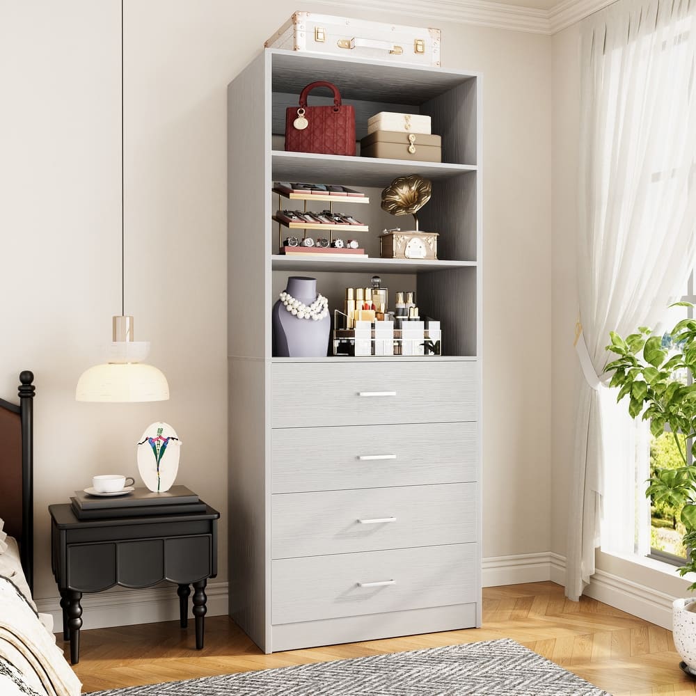 Freestanding Closet Organizer with 4 Drawers and 4 Shelves, Wooden Closet System for Walk-in Closet