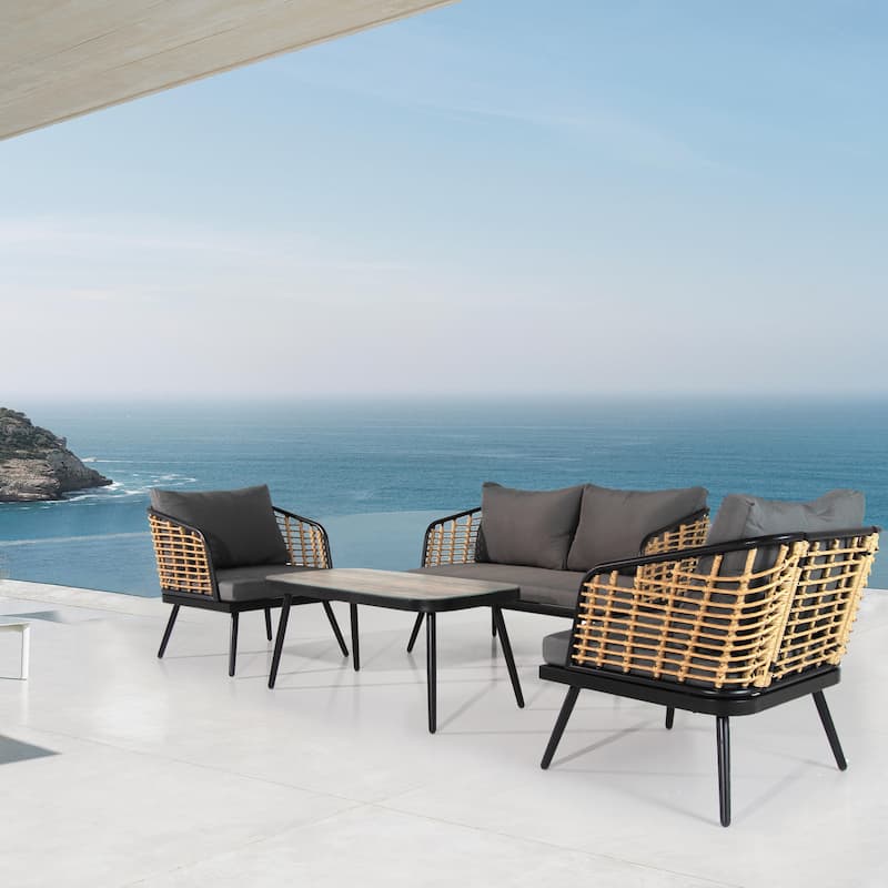 4 Pieces Patio Furniture Set, PE Rattan Wicker 4 Pcs Outdoor Sofa Set w/Washable Cushion