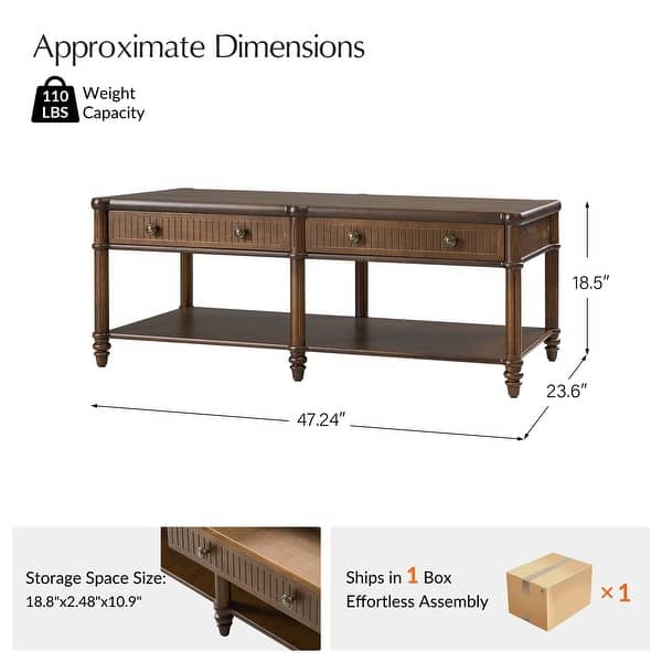 dimension image slide 0 of 3, HULALA HOME Derk Transitional 47"W Spindle Fluted Rectangular Storage Coffee Table with Solid Wood Drawers