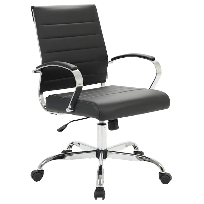 Benmar Leather Ribbed Office Chair with Chrome Frame, Adjustable Height, Tilt Lock, 360° Swivel, and Smooth Rolling Casters - Black
