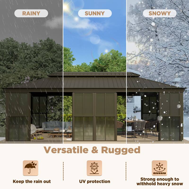 Hardtop Gazebo with Double Steel Roof, Sliding/Lockable Doors & Screens - All-Season Rustproof Aluminum Frame，Advanced Drainage