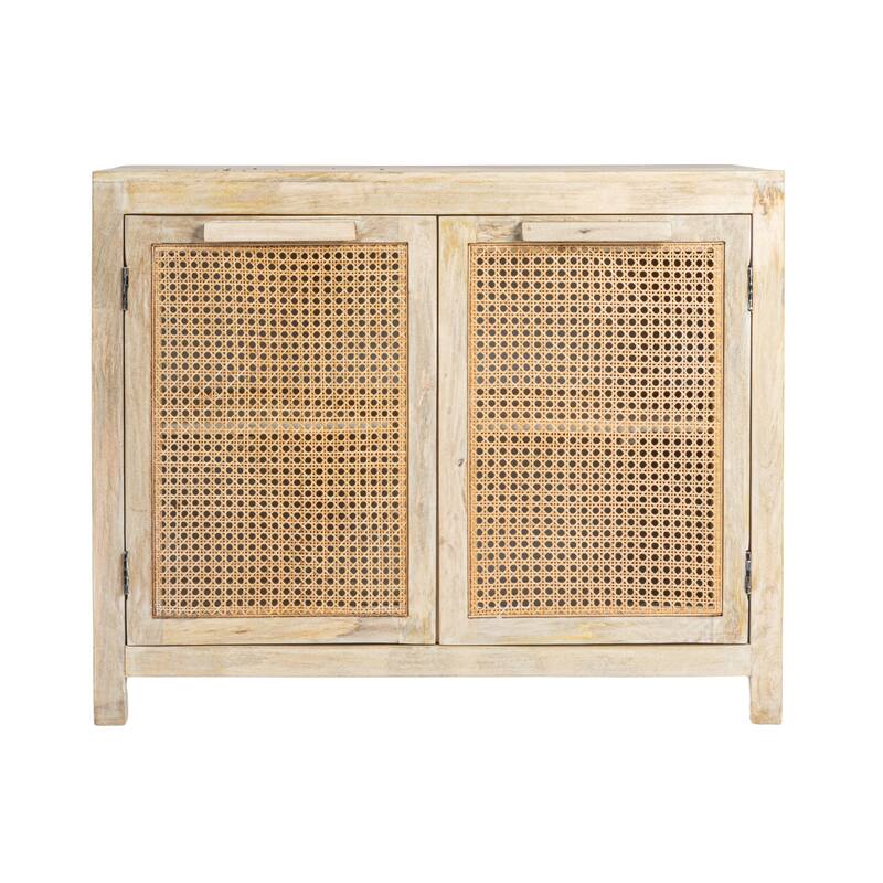 Mango Wood and Cane 2-Door Cabinet with 2 Shelves