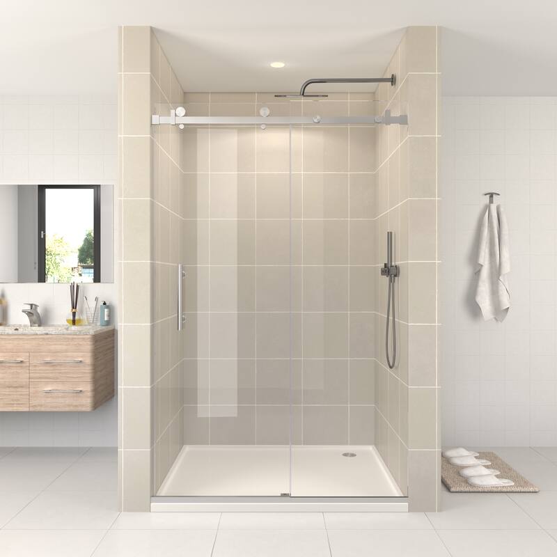 FELYL 44-48" W × 76" H Single Sliding Frameless Shower Door with Heat Soaking Process and Protective Coating Clear Glass