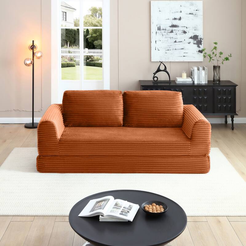 2-in-1 Folding Convertible Sofa Bed, Modern Corduroy Sleeper Couch - Orange