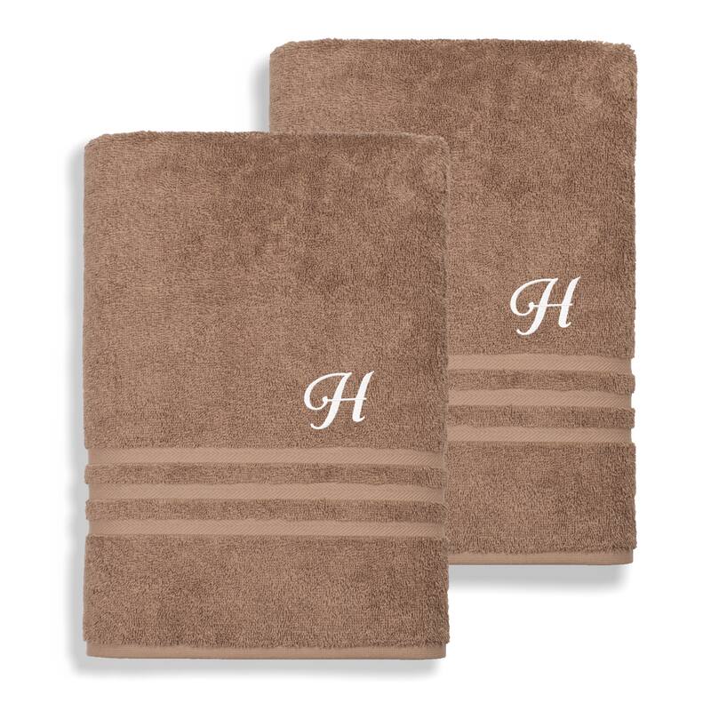 Authentic Hotel and Spa Omni Turkish Cotton Terry Set of 2 Latte Brown Bath Towels with White Script Monogrammed Initial - H
