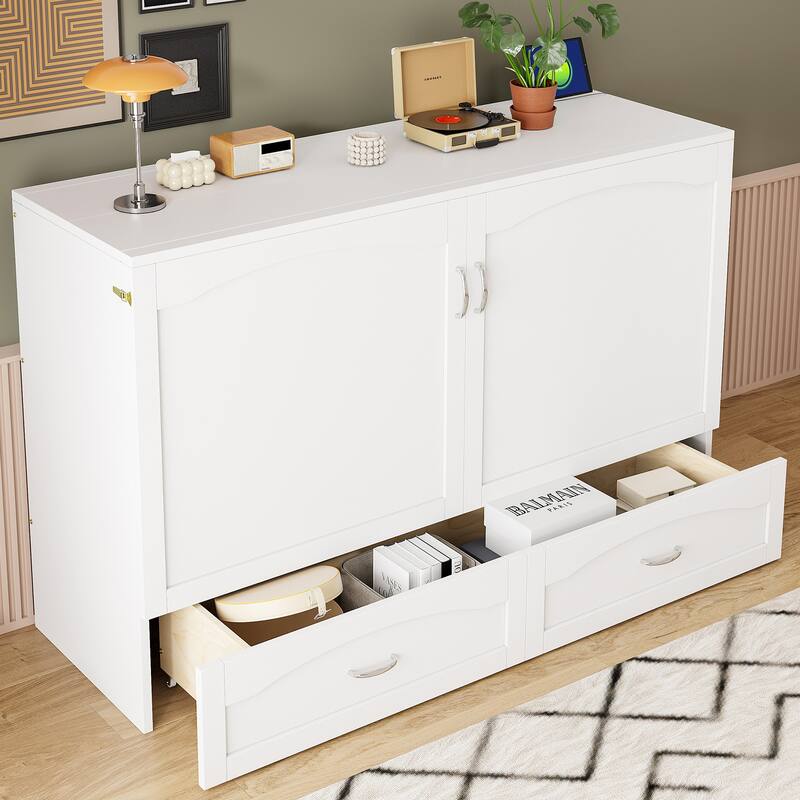 Queen Size Wall Bed with Drawers, USB Ports, and Smooth Pulley System, White