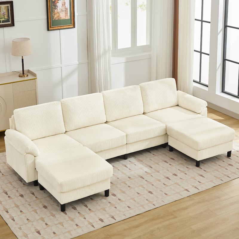 U-Shaped Corduroy 4-Seat Modular Sectional Sofa with 2 Ottomans