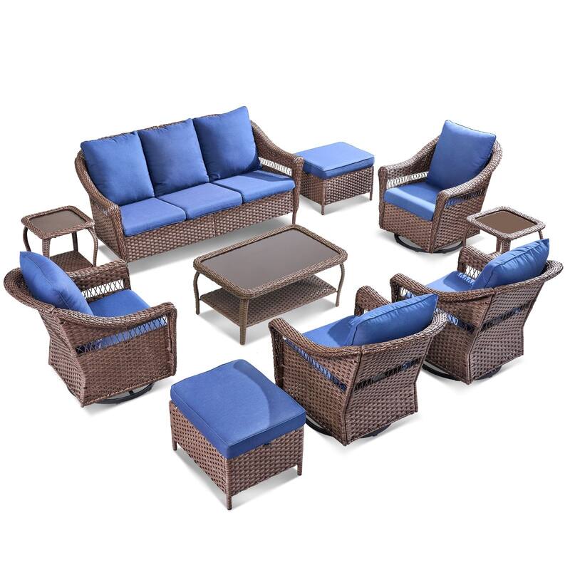 Pocassy 10 Pieces Patio Sofa Swivel Chair Table with Ottomans