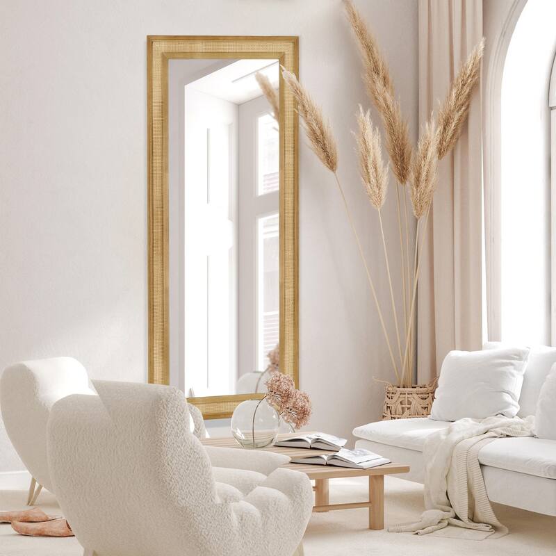 WallBeyond Wooden Framed Rattan Farmhouse Style Rectangle Wall Mirror - 27" X 67"
