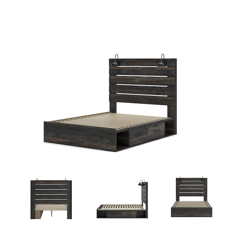 Drystan Rustic Brown Panel Bed with 2 Under Bed Storage Drawers