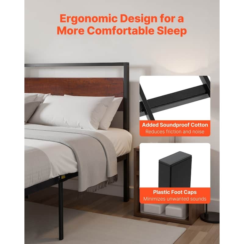 King Size Platform Bed Frame with Steel Frame and Vintage Brown Headboard Under Bed Storage