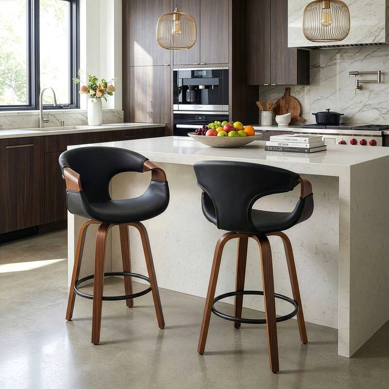 Baylor Black Faux Leather Counter Stool with Walnut Wooden Legs