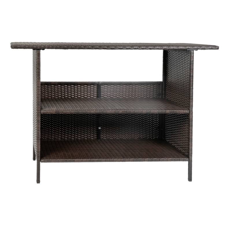 Indoor/Outdoor Wicker Rattan Patio Bar Counter Table with Two Shelves