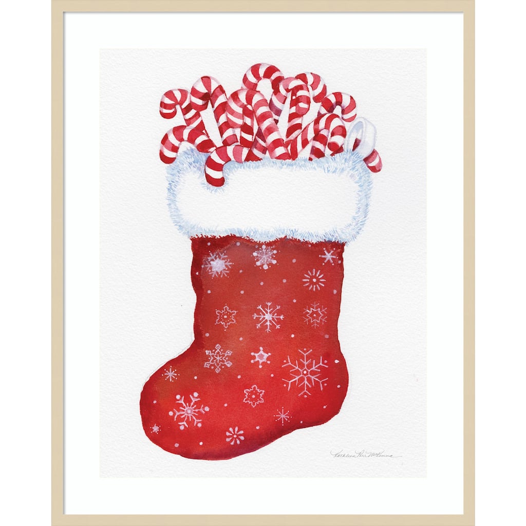Candy Cane Stocking by Kathleen Parr Mckenna Wood Framed Wall Art Print