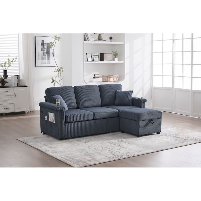 L-Shaped Sectional Sofa with Pull-Out Storage,Ottoman & Pillows 3-Seat with USB Charging,Cup Holder, Convertible Design