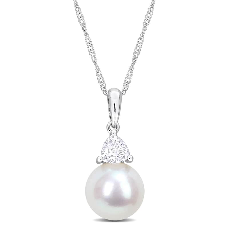 Miadora 8-8.5mm Cultured Freshwater Pearl and 1/3ct TGW Created White Sapphire Pendant with Chain 10k White Gold