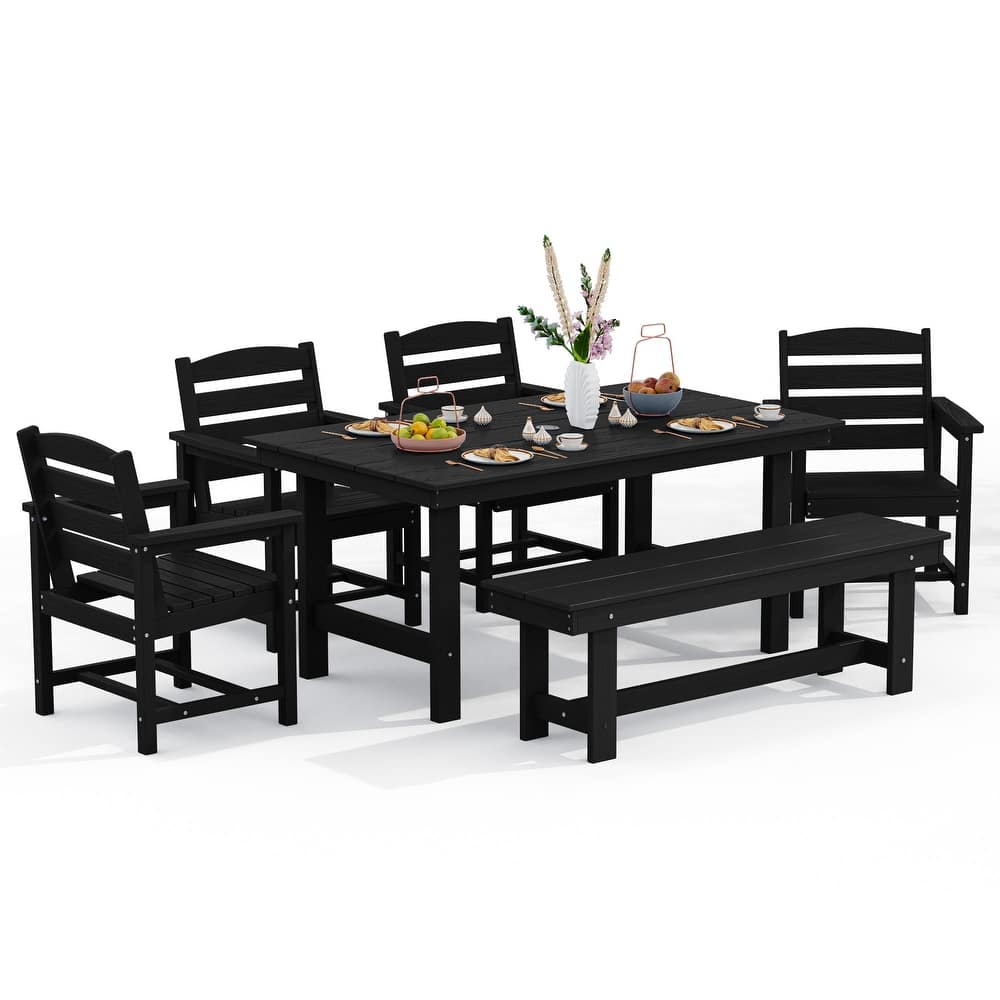 6-Piece HDPE Outdoor Dining Table Sets with Umbrella Hole - 1-Table 4-Chairs-1-Bench