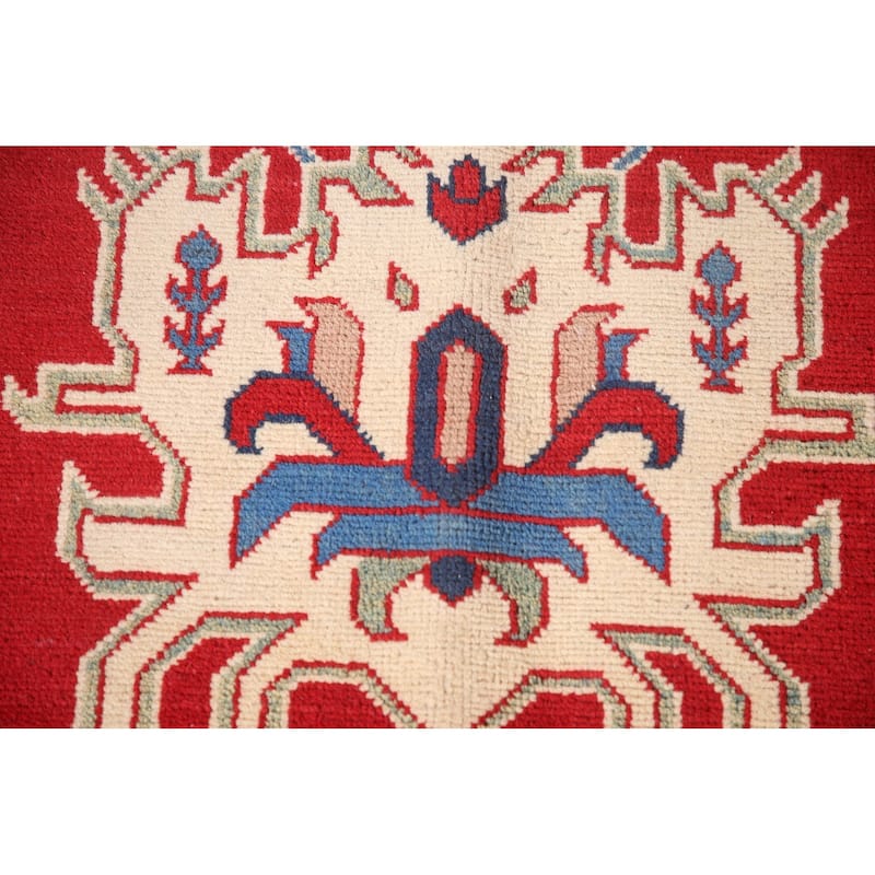 Red Geometric Kazak Area Rug Hand-Knotted Living Room Wool Carpet - 6'8" x 9'9"