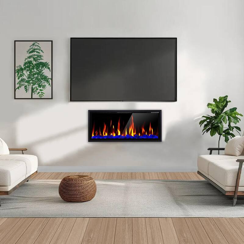 BOSSIN Recessed Wall Mount Electric Fireplace - Ultra-Narrow Frame, Low Noise, Remote w/Timer, Adjustable Flame Color & Speed
