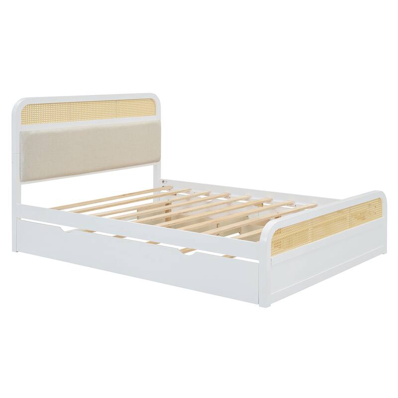 Rattan Platform Bed Queen Wooden Bed Frame with Twin Trundle and 2 Drawers, Headboard with Padded Cushion Mattress Not Included