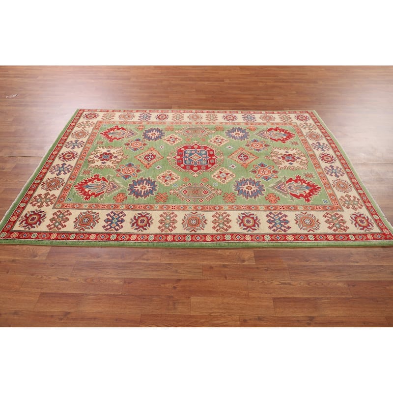 Traditional Green Kazak Oriental Area Rug Hand-Knotted Wool Carpet - 4'11" x 6'9"