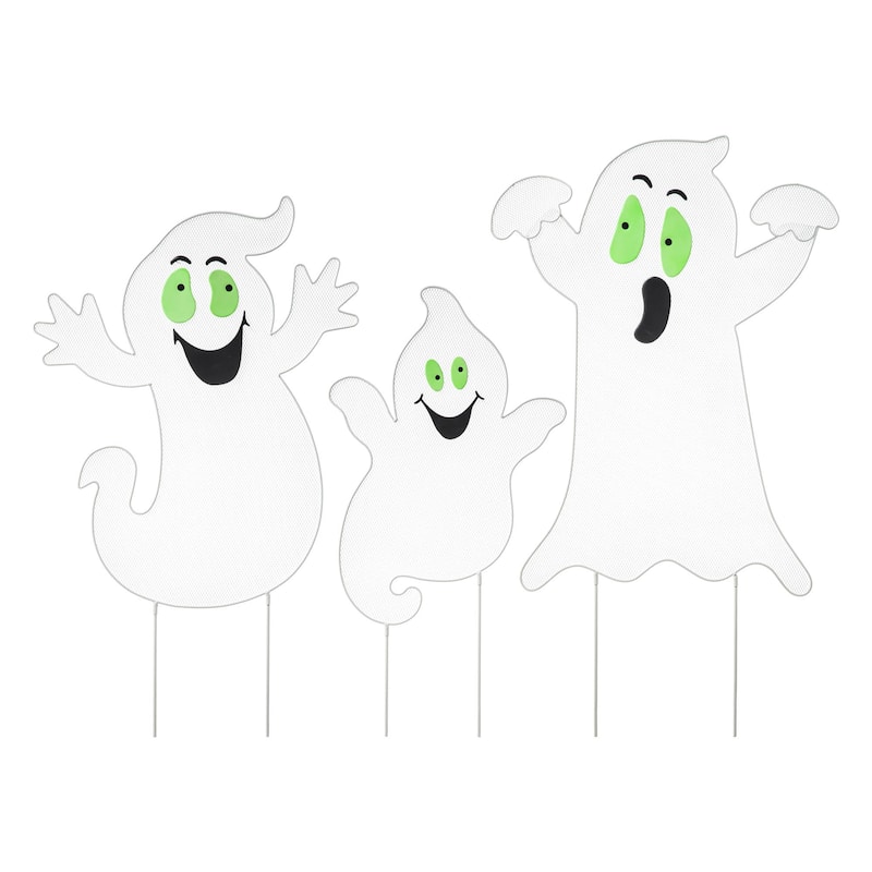 Glitzhome 40"H Set of 3 Halloween Metal Mesh Ghost Family DIY Yard Stake (Glow in Dark)