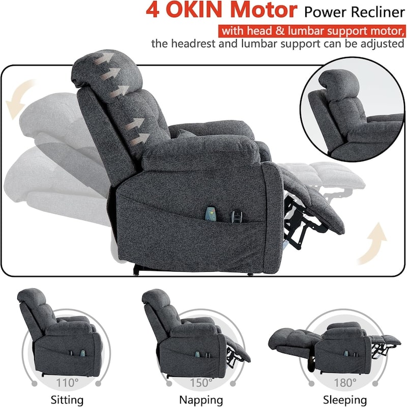 Luxury Electric Lift Recliner with Heat, Massage, 180° Recline, 4 OKIN Motors, Dual Remotes, and Cup Holders.