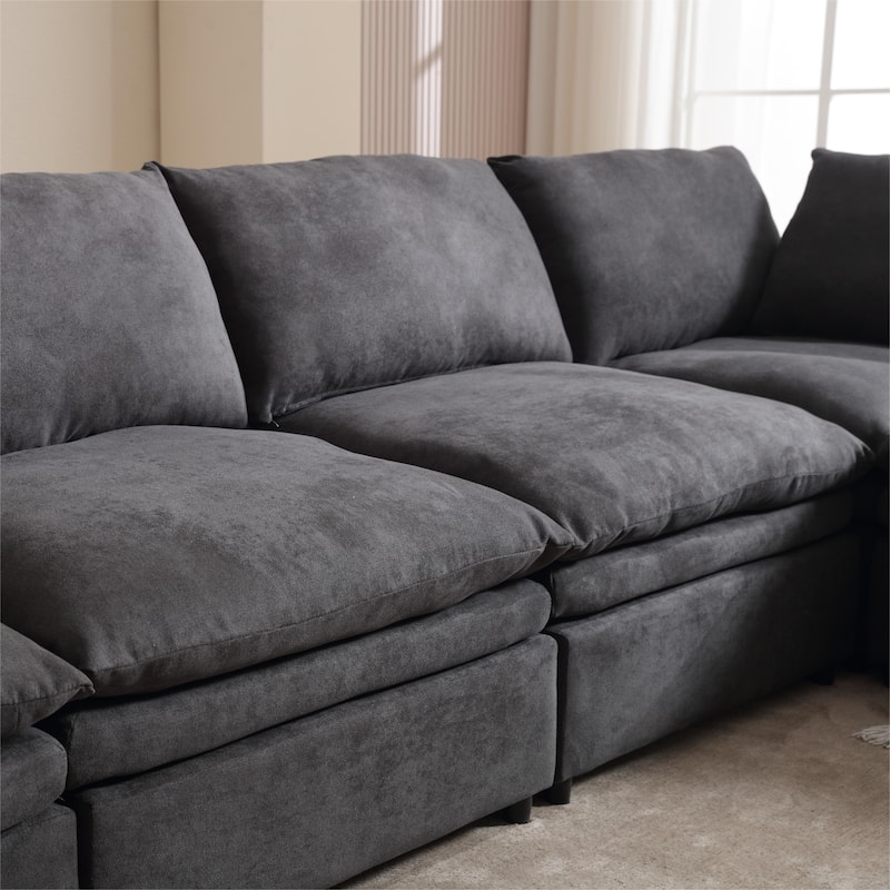 Contemporary 5-Seat Upholstered Sofa with Chaise Lounge,Dark Gray Polyester