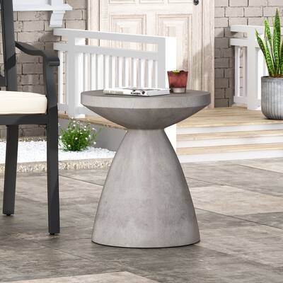 Roomfitters Outdoor Lightweight Concrete Side Table, Modern Hourglass Accent Patio End Table, Natural