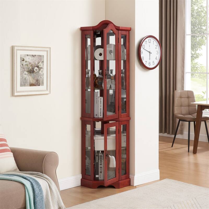 Lighted Glass Corner Display Curio Storage Cabinet with 5 Shelves, Bulb