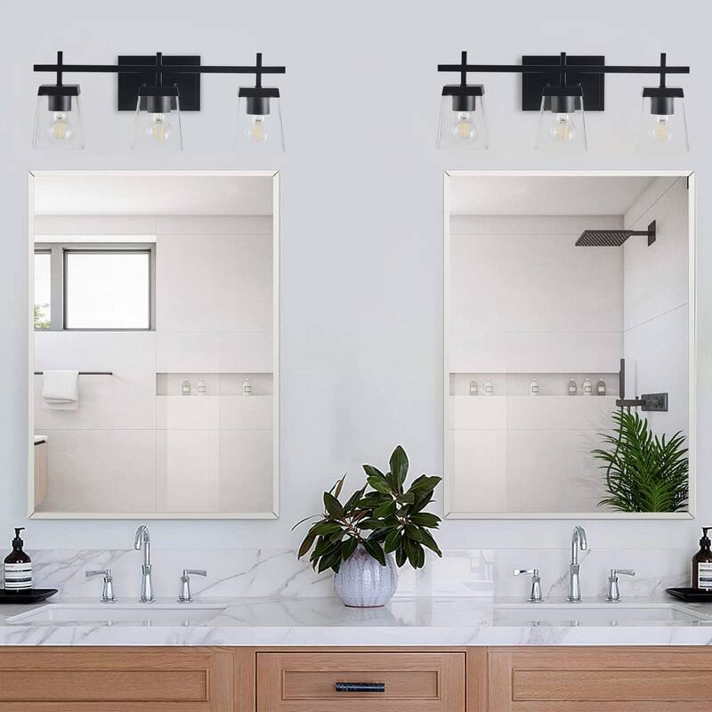 Industrial 3-Light Matte Black Vanity Light with Clear Glass Shades for Bathroom