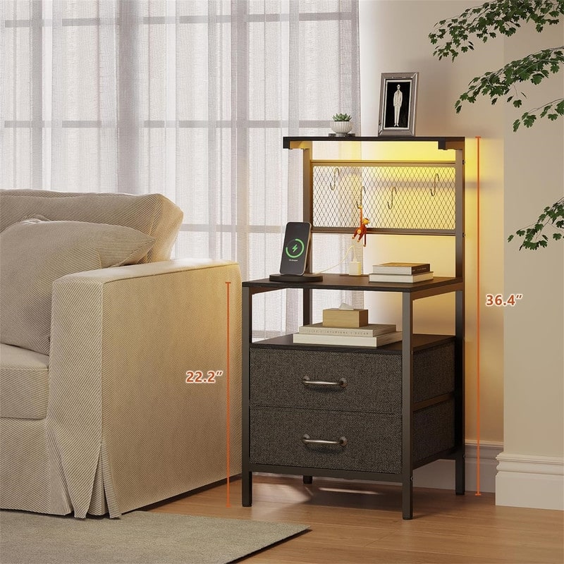 Nightstand Set of 2 with Charging Station and LED Lights