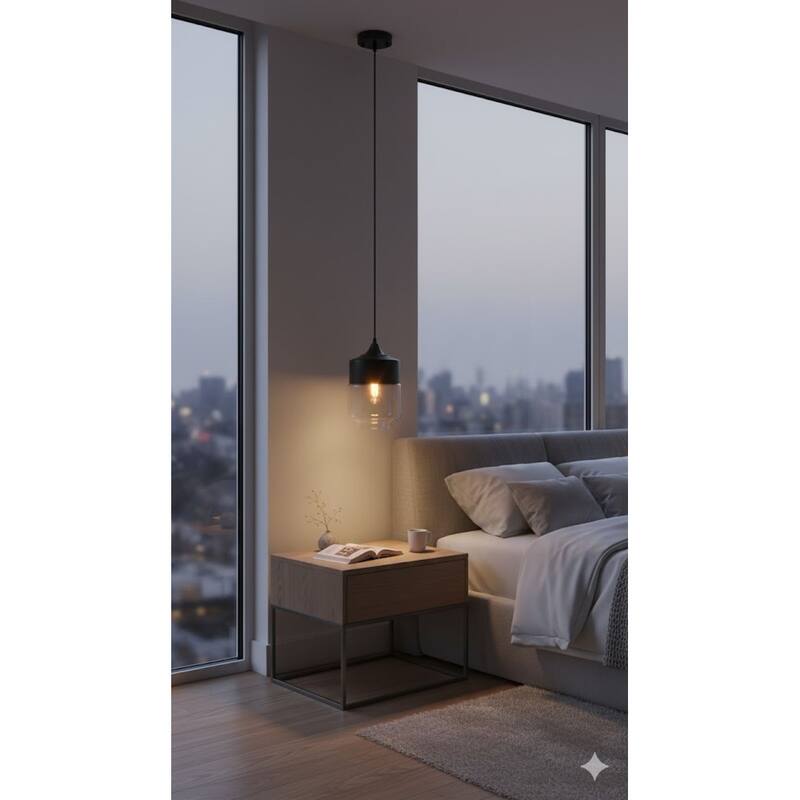 1-Light Matte Black Pendant With A Clear Glass Shade