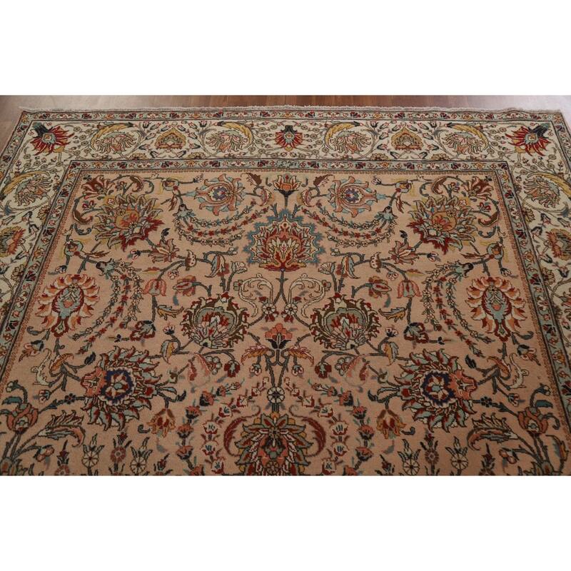 Hand Knotted Oriental 100% Wool Carpet Traditional All-Over Peach Tabriz Area Rug - 11' 2'' X 7' 7''