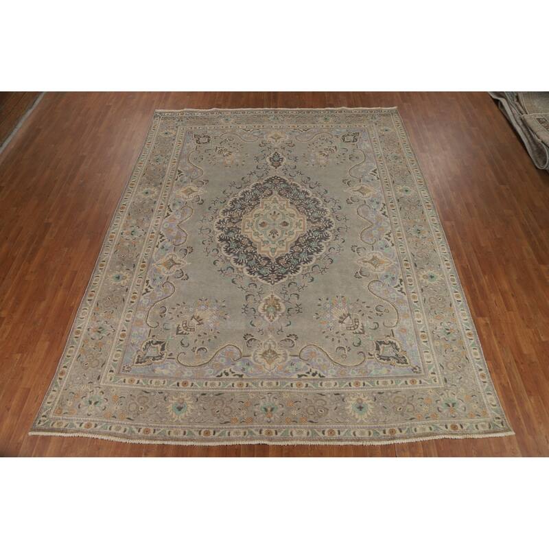 Geometric Tabriz Persian Vintage Area Rug Hand-Knotted Wool Carpet - 9'5" x 12'3"