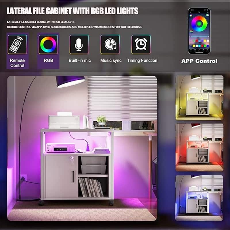Printer Stand with LED Lights, - 23.6"D x 17.2"W x 26"H