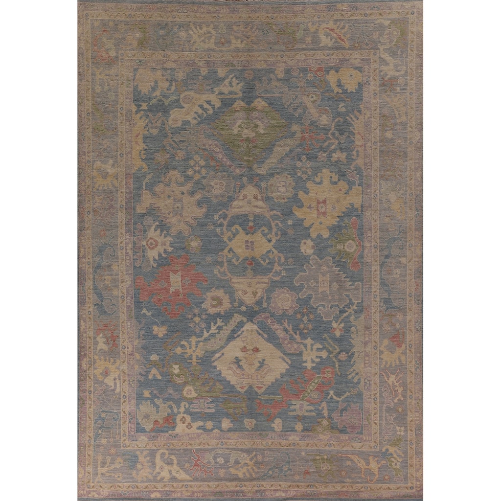 Blue Oushak Vegetable Dye Area Rug Hand-Knotted Wool Carpet - 9'0" x 12'2"