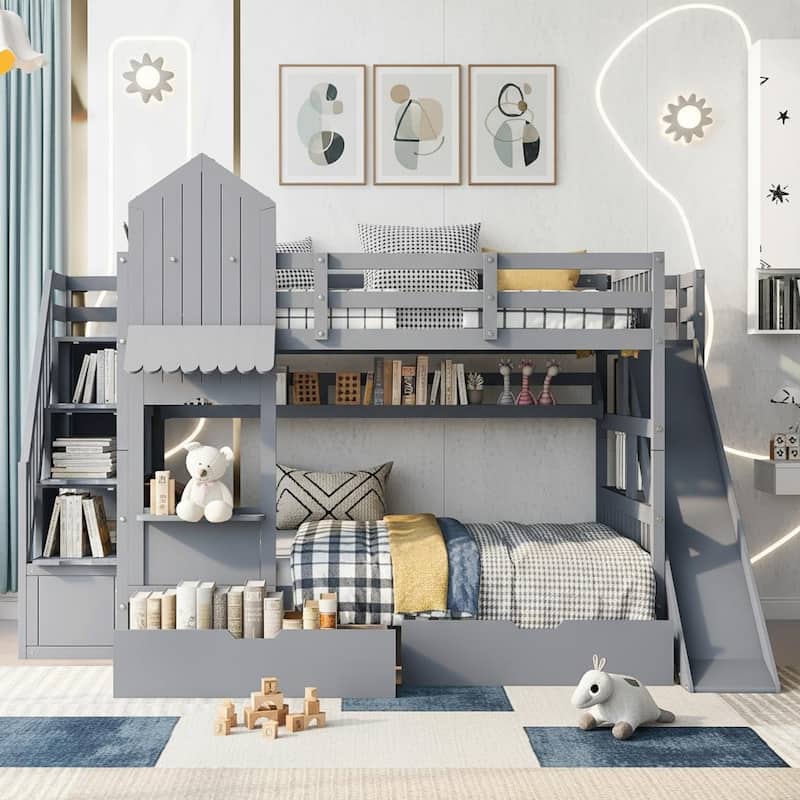 Merax Castle Style Bunk Bed with 2 Drawers 3 Shelves and Slide