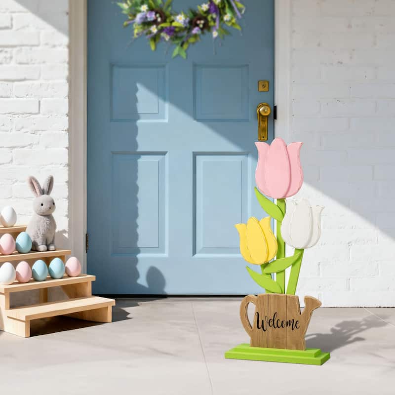 Glitzhome 30"H Easter Wooden Tulip Porch Decor
