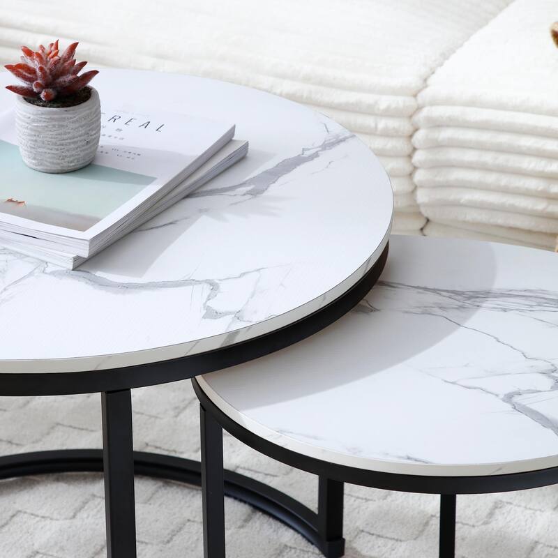 Modern Nesting Tables - Black Marble Round Set, Industrial Style
